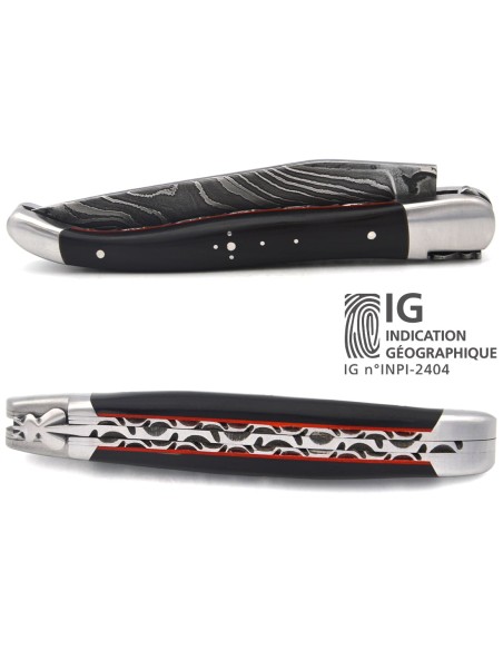 Dark horn tip & red spacer handle, Damascus blade, double plates
