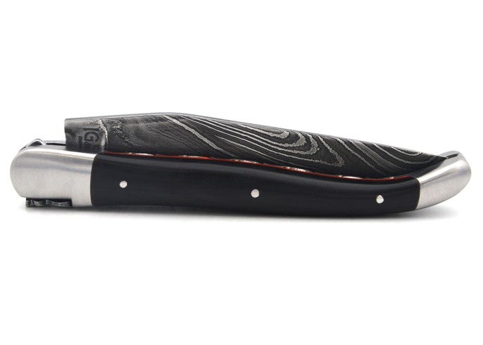 Dark horn tip & red spacer handle, Damascus blade, double plates