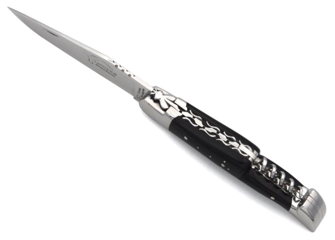 Laguiole GI, dark horn tip handle & corkscrew, chiseled double plates