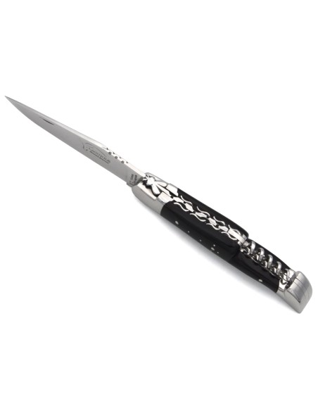 Laguiole GI, dark horn tip handle & corkscrew, chiseled double plates