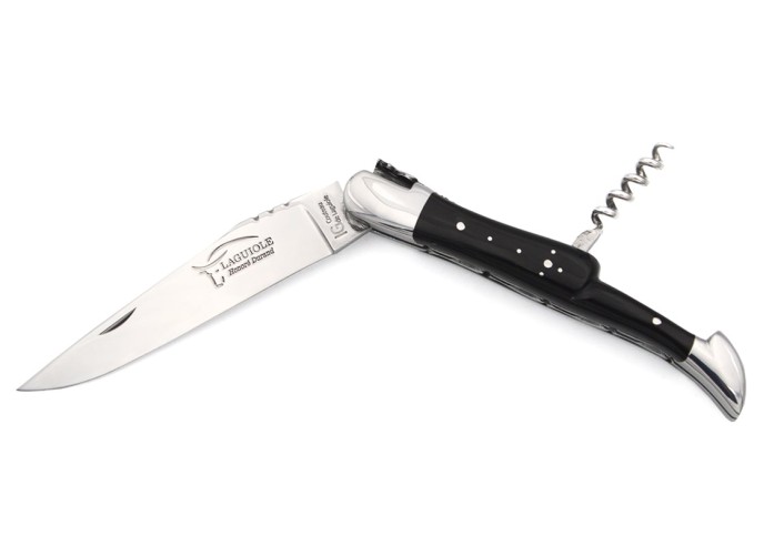 Laguiole GI, dark horn tip handle & corkscrew, chiseled double plates