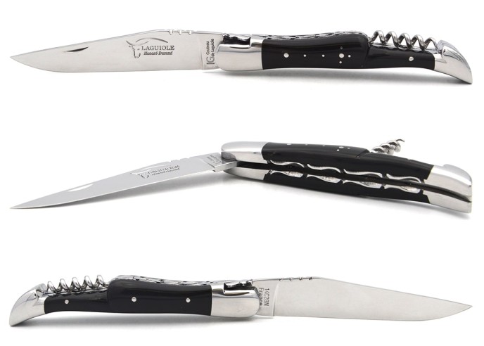 Laguiole GI, dark horn tip handle & corkscrew, chiseled double plates