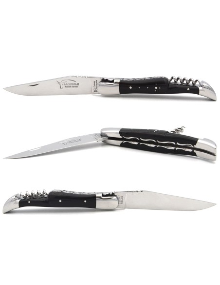 Laguiole GI, dark horn tip handle & corkscrew, chiseled double plates
