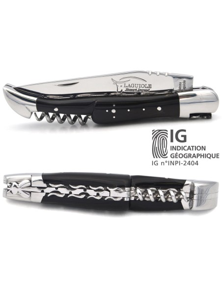 Laguiole GI, dark horn tip handle & corkscrew, chiseled double plates
