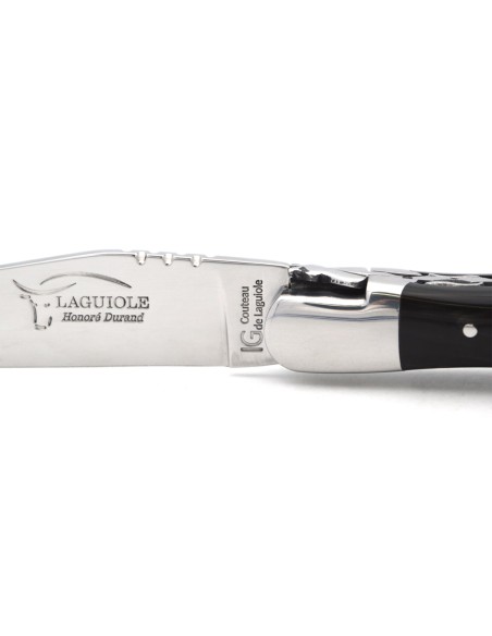 Laguiole GI, dark horn tip handle & corkscrew, chiseled double plates