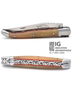 Laguiole GA, 12 cm Hornspitze (hell) & rot Vulkanfiber, Doppelplatinen