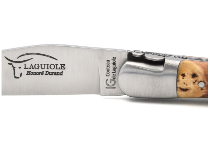 Laguiole mit Label G.A, Wacholderholz, Biene und Feder gemeißelt