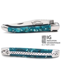 Couteau de Laguiole IG en corne recyclée bleue, manche de 11 cm