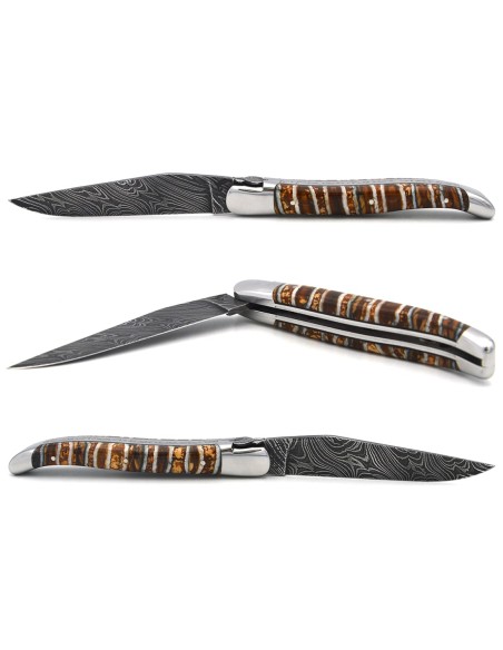 Couteau de Laguiole labellisé IG en molaire de mammouth marron, lame damas sauvage, abeille et ressort ciselés au burin