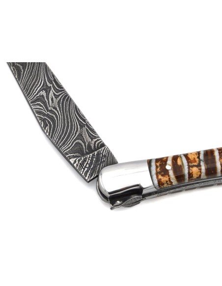 Couteau de Laguiole labellisé IG en molaire de mammouth marron, lame damas sauvage, abeille et ressort ciselés au burin
