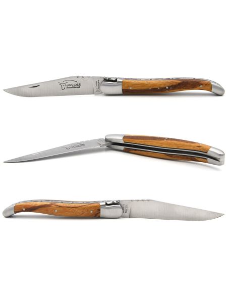 Laguiole knife with Geographical Indication label, 12 cm marblewood & black spacer handle, matt stainless steel finish