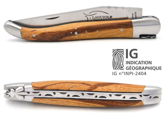 Laguiole knife with Geographical Indication label, 12 cm marblewood & black spacer handle, matt stainless steel finish