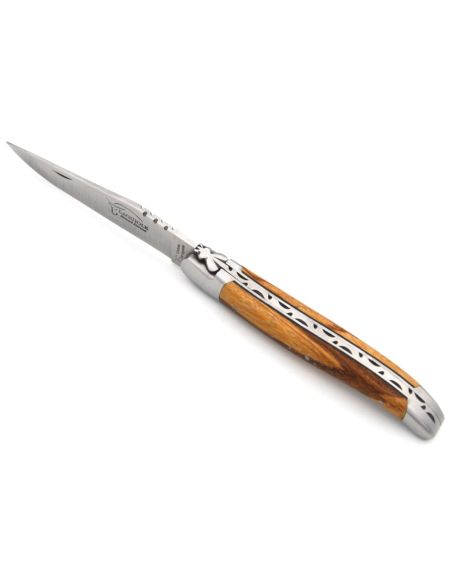 Laguiole knife with Geographical Indication label, 12 cm marblewood & black spacer handle, matt stainless steel finish