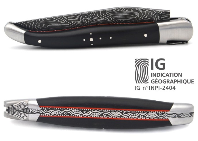 Laguiole GA, 12 cm Griff aus Ebenholz, Mosaik Damast Klinge