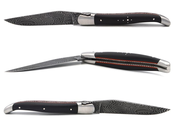 Laguiole with GI label, 12 cm ebony handle, Mosaic Damascus blade