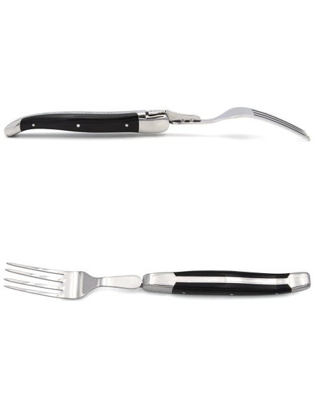 Laguiole forks with shiny stainless steel bolsters. Wide pale horn tip handles