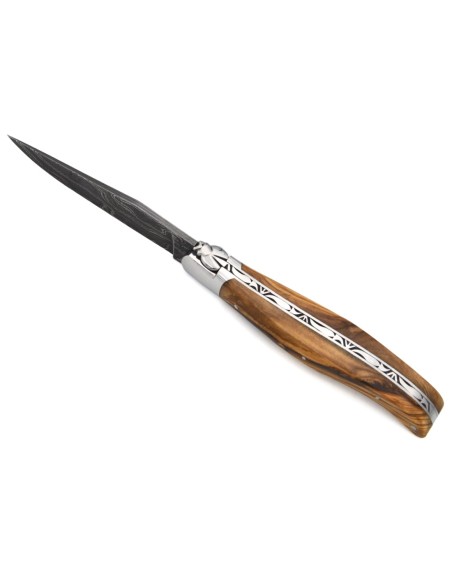 Laguiole with GI label, 12 cm carved olive wood handle, Damascus blade