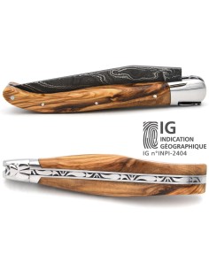 Laguiole mit GA, 12 cm aus geschnitztem Olivenholz, Damast Klinge