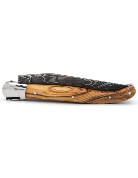 Laguiole with GI label, 12 cm carved olive wood handle, Damascus blade