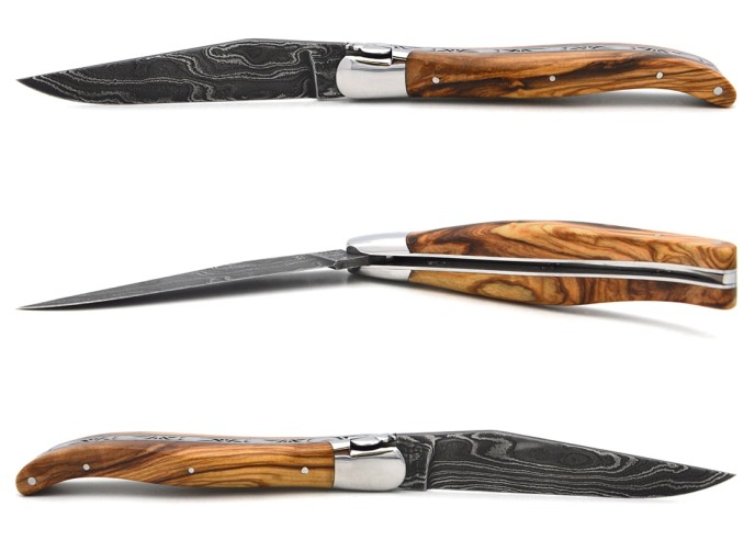 Laguiole mit GA, 12 cm aus geschnitztem Olivenholz, Damast Klinge