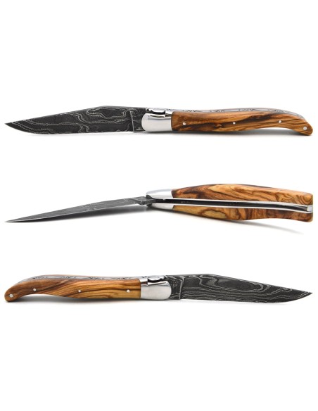 Laguiole mit GA, 12 cm aus geschnitztem Olivenholz, Damast Klinge