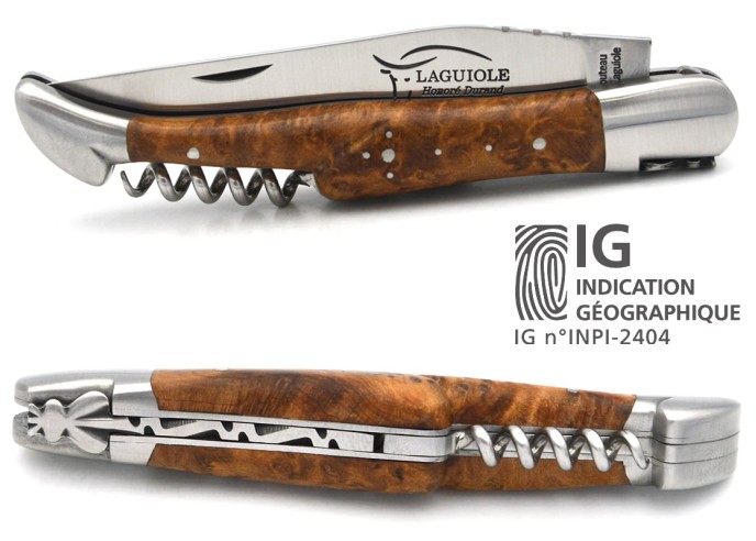 Laguiole-Messer Label GA, 12 cm Griff aus Thuya mit Korkenzieher