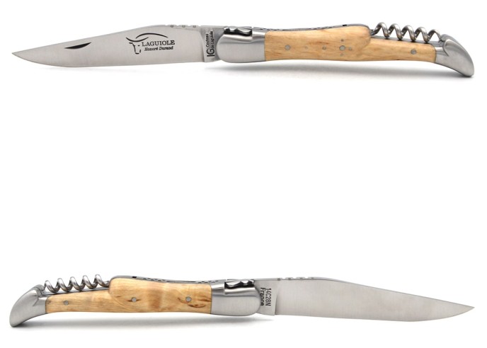Laguiole knife GI label, 12 cm birch wood handle with corkscrew