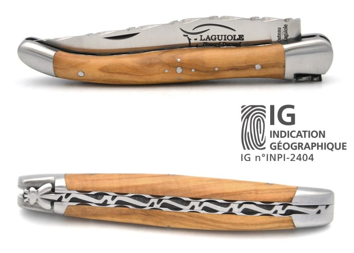 Laguiole mit Label GA, unten und oben ziselierte, 10 cm aus Olivenholz
