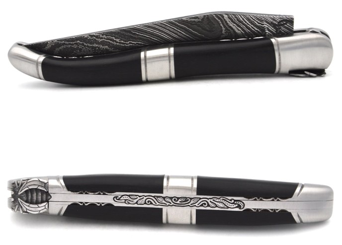 Laguiole with GI label, 12 cm ebony with 3 bolsters, wild Damascus
