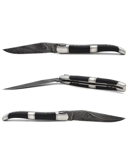 Laguiole with GI label, 12 cm ebony with 3 bolsters, wild Damascus