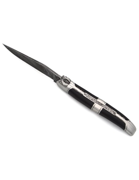 Laguiole with GI label, 12 cm ebony with 3 bolsters, wild Damascus
