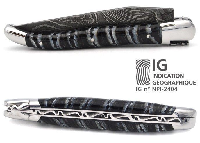 Laguiole mit Label GA, 12 cm aus schwarzem Mammutmolar, wildem Damast