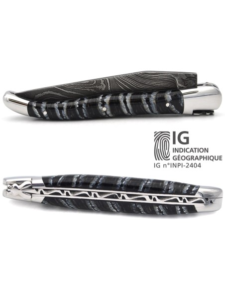 Laguiole mit Label GA, 12 cm aus schwarzem Mammutmolar, wildem Damast