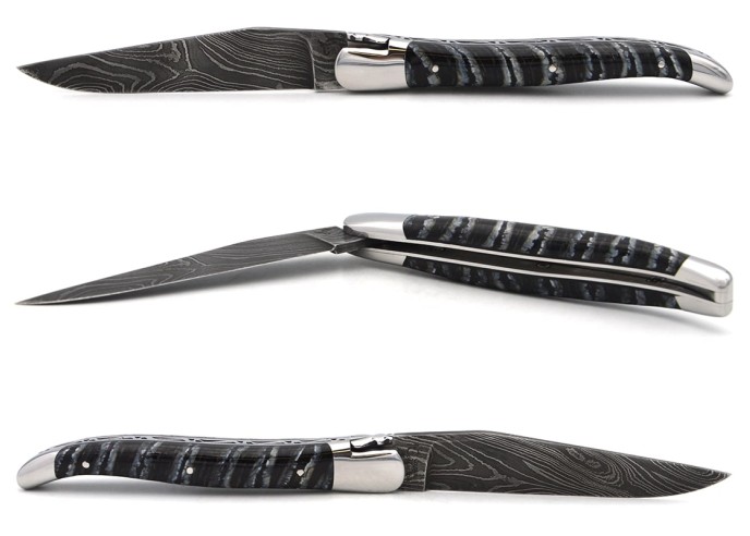 Laguiole mit Label GA, 12 cm aus schwarzem Mammutmolar, wildem Damast