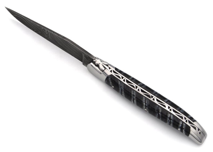 Laguiole mit Label GA, 12 cm aus schwarzem Mammutmolar, wildem Damast
