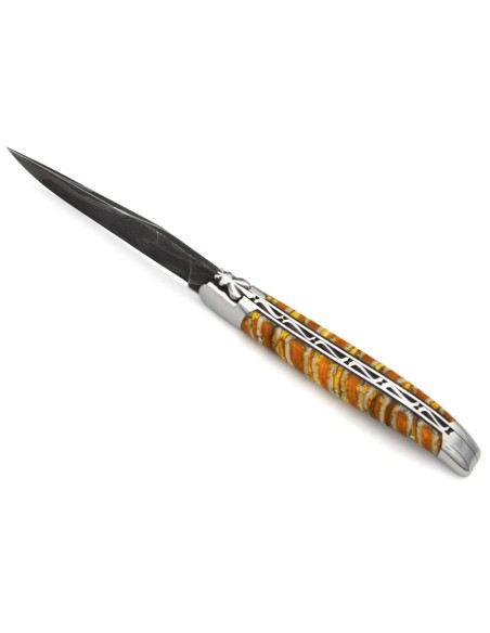 Laguiole mit Label GA, 12 cm aus gelbem Mammutmolar, wildem Damast