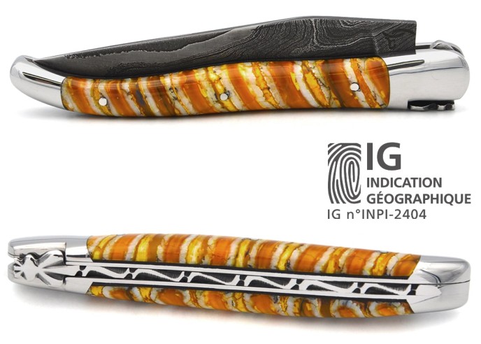 Laguiole mit Label GA, 12 cm aus gelbem Mammutmolar, wildem Damast