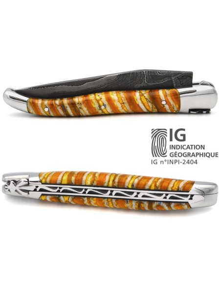 Laguiole mit Label GA, 12 cm aus gelbem Mammutmolar, wildem Damast