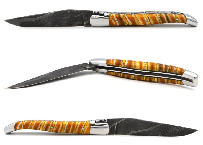 Laguiole mit Label GA, 12 cm aus gelbem Mammutmolar, wildem Damast