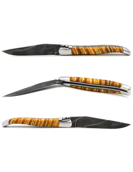 Laguiole mit Label GA, 12 cm aus gelbem Mammutmolar, wildem Damast