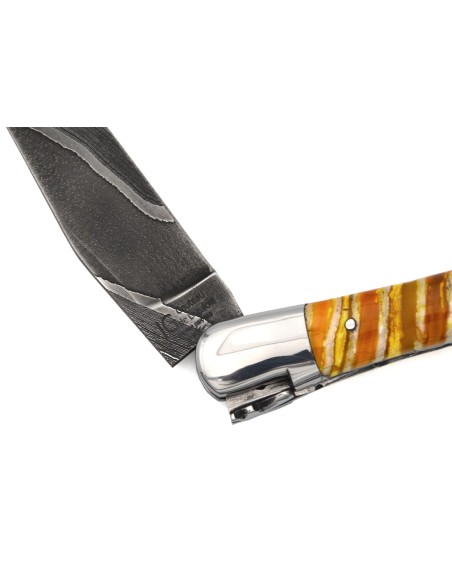 Laguiole mit Label GA, 12 cm aus gelbem Mammutmolar, wildem Damast