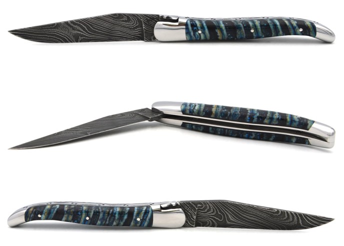 Laguiole mit Label GA, 12 cm aus blauem Mammutmolar, wildem Damast