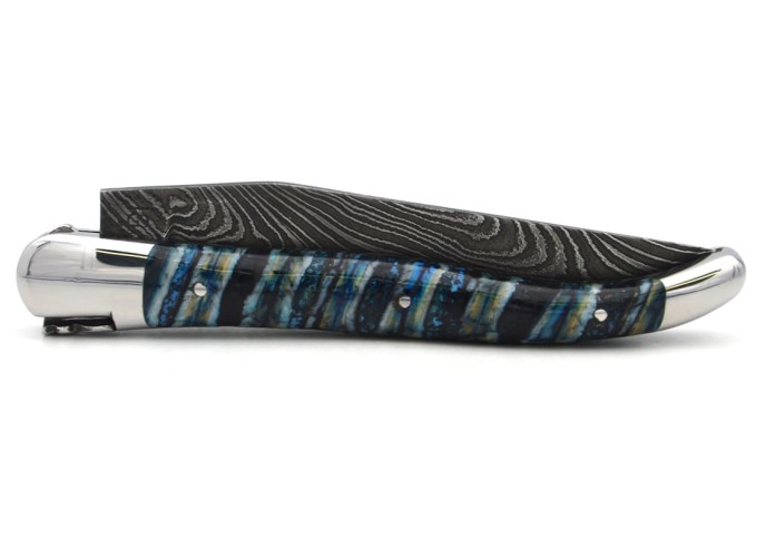 Laguiole with GI, 12cm blue mammoth molar handle, wild Damascus steel