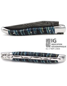 Laguiole mit Label GA, 12 cm aus blauem Mammutmolar, wildem Damast