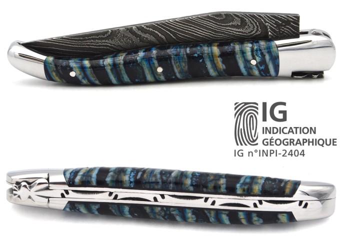 Laguiole mit Label GA, 12 cm aus blauem Mammutmolar, wildem Damast