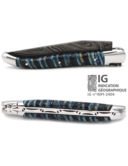 Laguiole mit Label GA, 12 cm aus blauem Mammutmolar, wildem Damast
