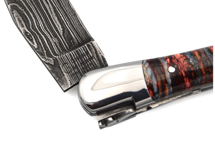 Laguiole mit Label GA, 12 cm aus rotem Mammutmolar, wildem Damast