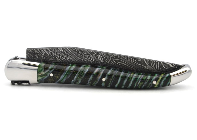 Laguiole mit Label GA, 12 cm aus grünem Mammutmolar, wildem Damast