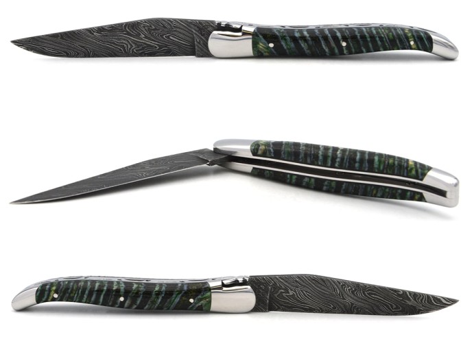 Laguiole with GI, 12cm green mammoth molar handle, wild Damascus steel