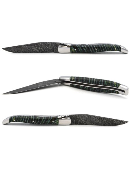 Laguiole mit Label GA, 12 cm aus grünem Mammutmolar, wildem Damast